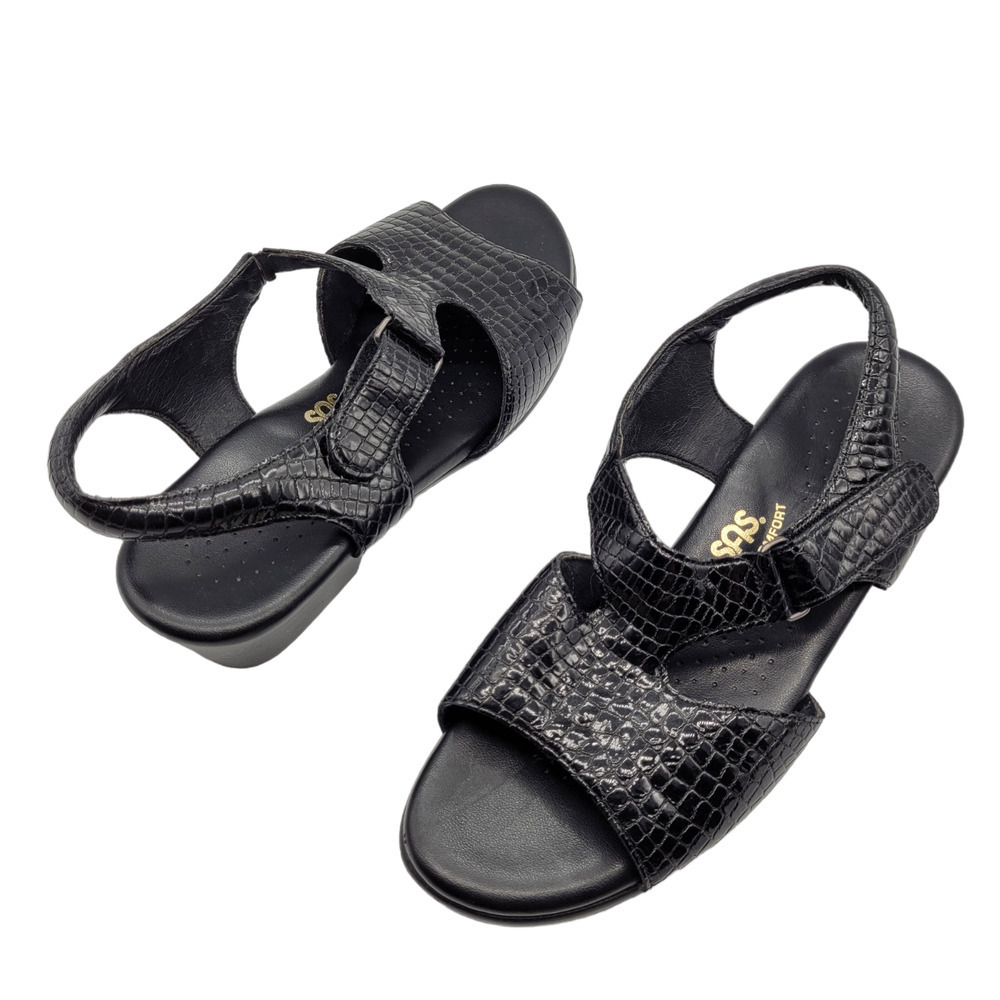 SAS Suntimer Sandals Croc Embossed Black Patent Leather Womens US 8.5 M Comfort
